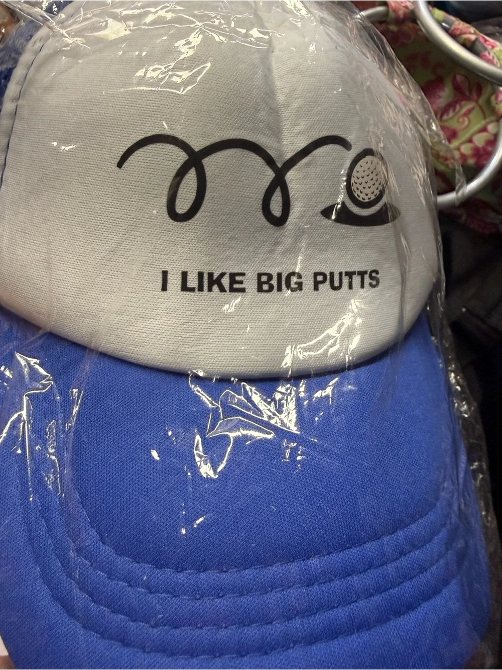 White & Royal Blue Trucker Hat with 'I Like Big Putts' Print
